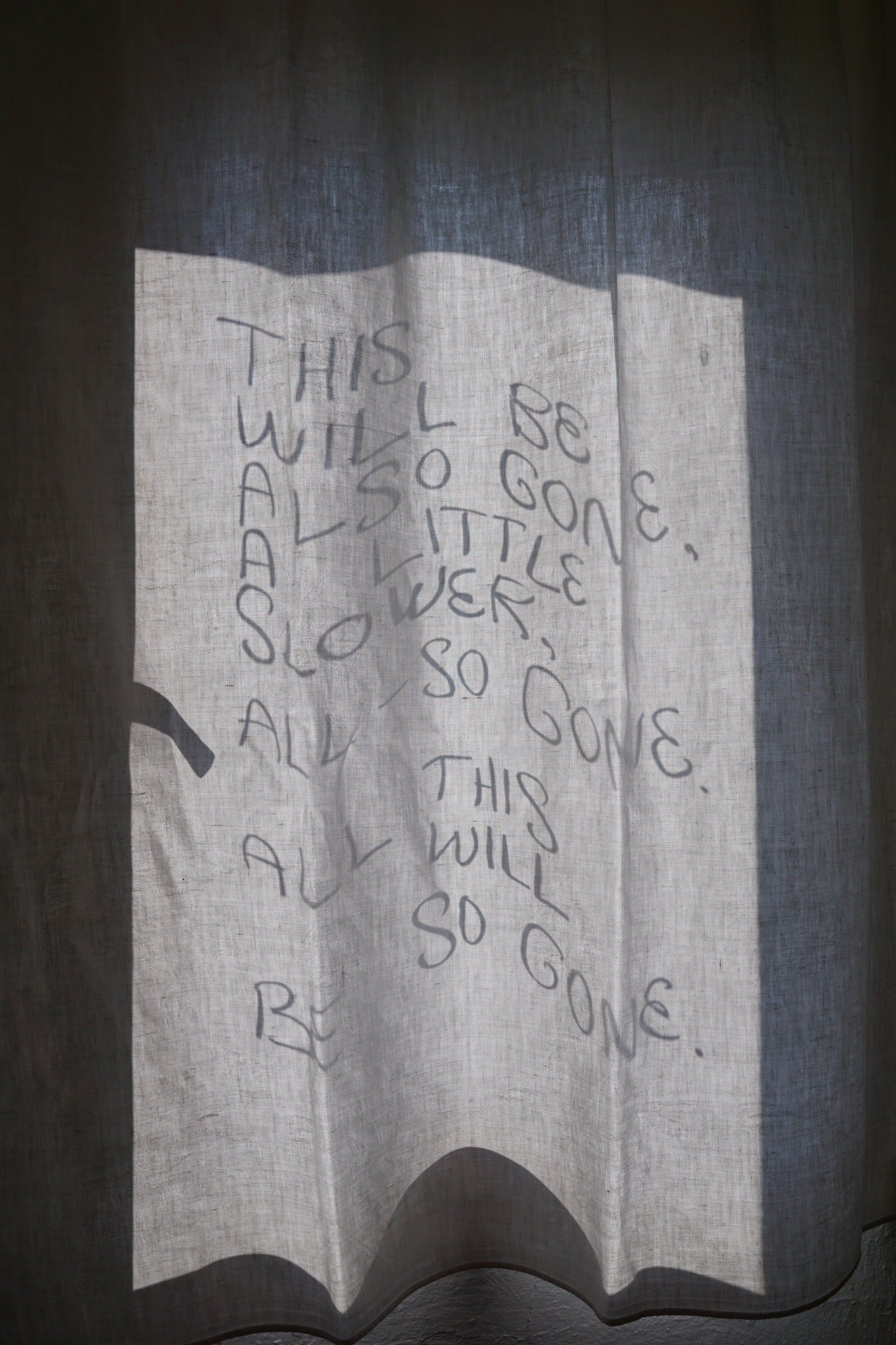 A pale linen curtain in backlight with words written on it in water, in uneven lines across the cloth; the words THIS WILL BE GONE can be read, and the hem casts a wavy shadow.