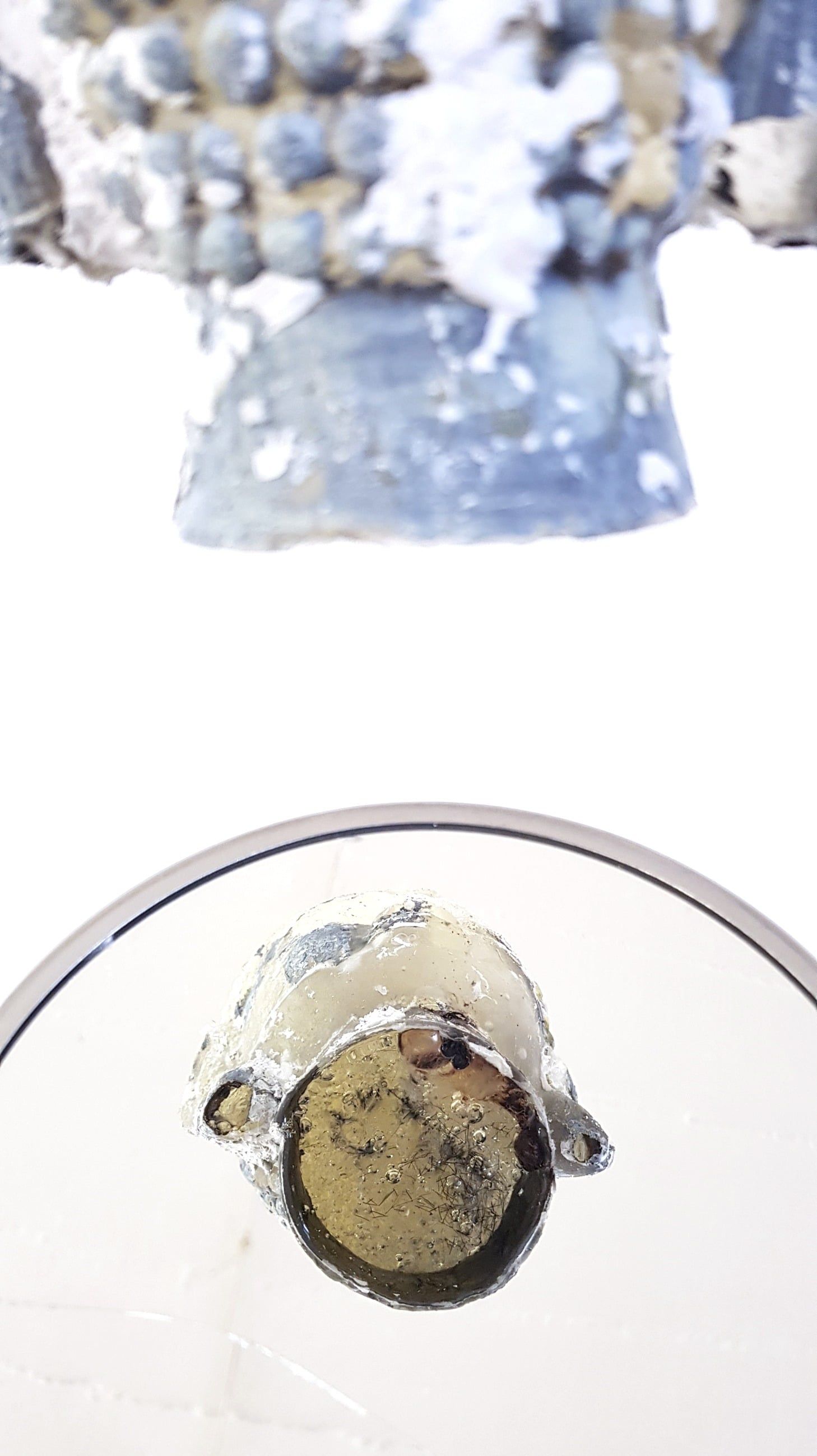 Looking down at the setup: the resin head, its curls crusted white and blue-grey, hangs above a round mirror in which the hollow underside of the head is reflected, with dark spots inside.
