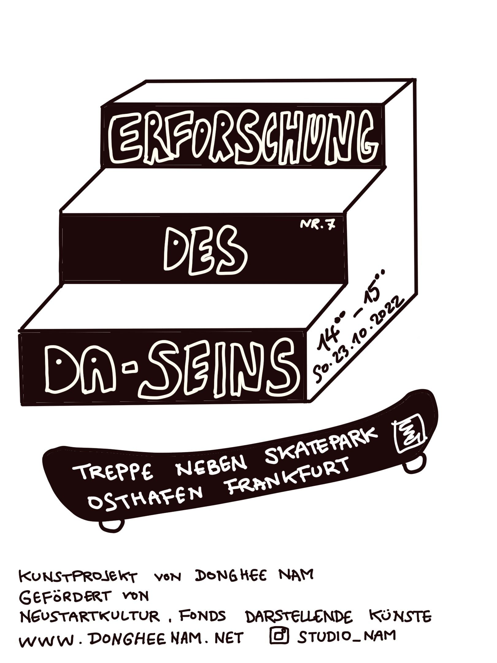 A black-and-white hand-drawn poster: the words ERFORSCHUNG DES DA-SEINS written on three steps of a staircase, and below it a skateboard with the words Treppe neben Skatepark Osthafen Frankfurt.