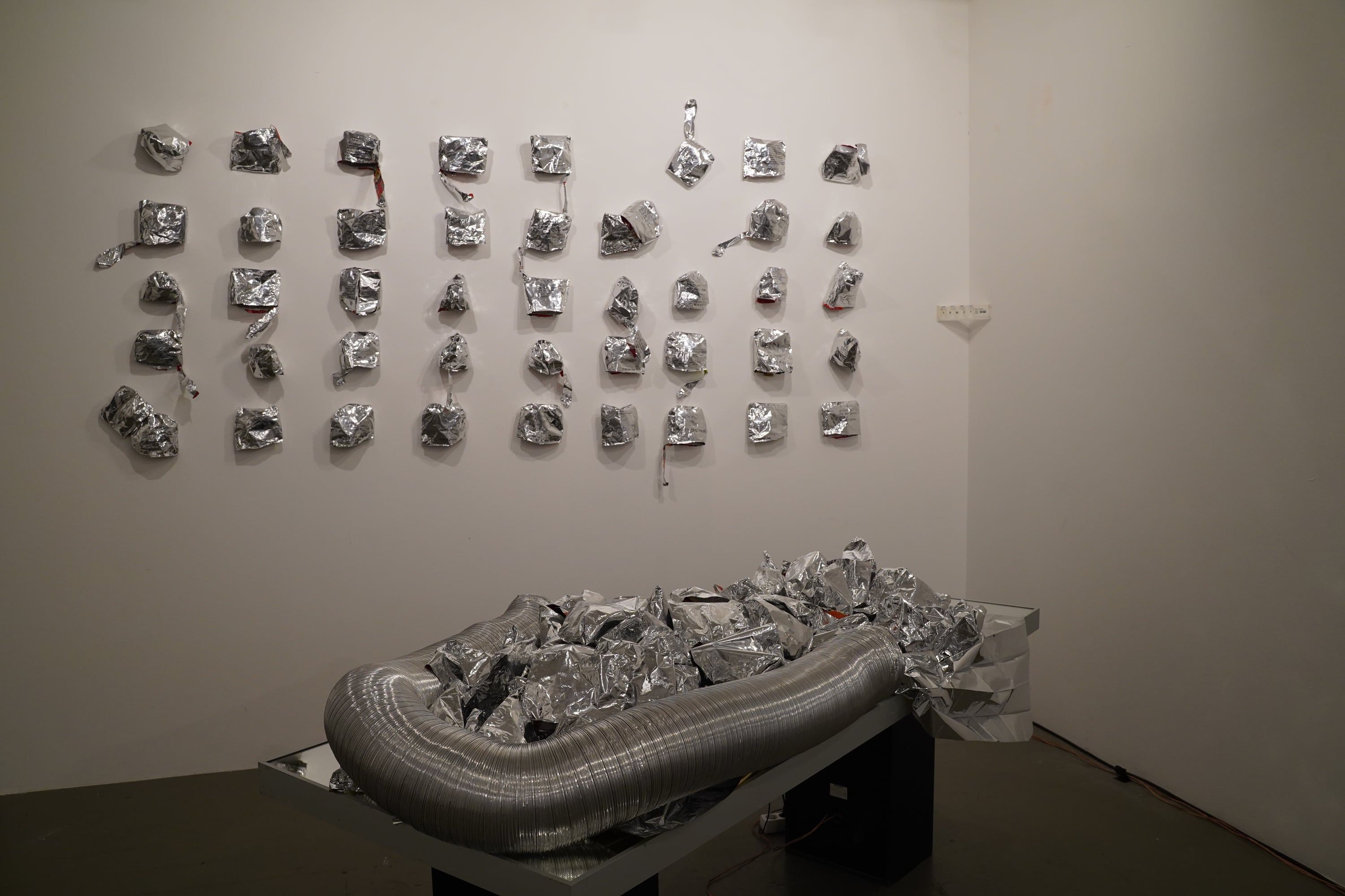 Exhibition room: crumpled aluminium pieces hang in rows on the wall, in front of it on a low table a tangle of aluminium foil in a silver tube.