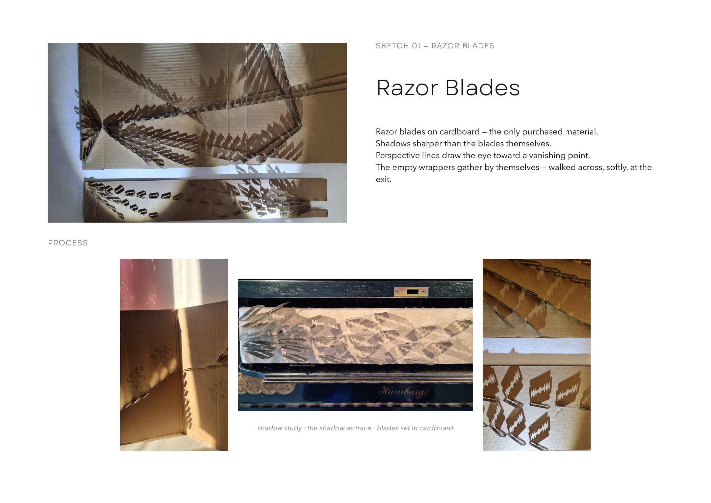 Booklet page Razor Blades: a photograph of razor blades set in cardboard, casting sharp shadows, beside her text, and below it three process photographs of the shadows.