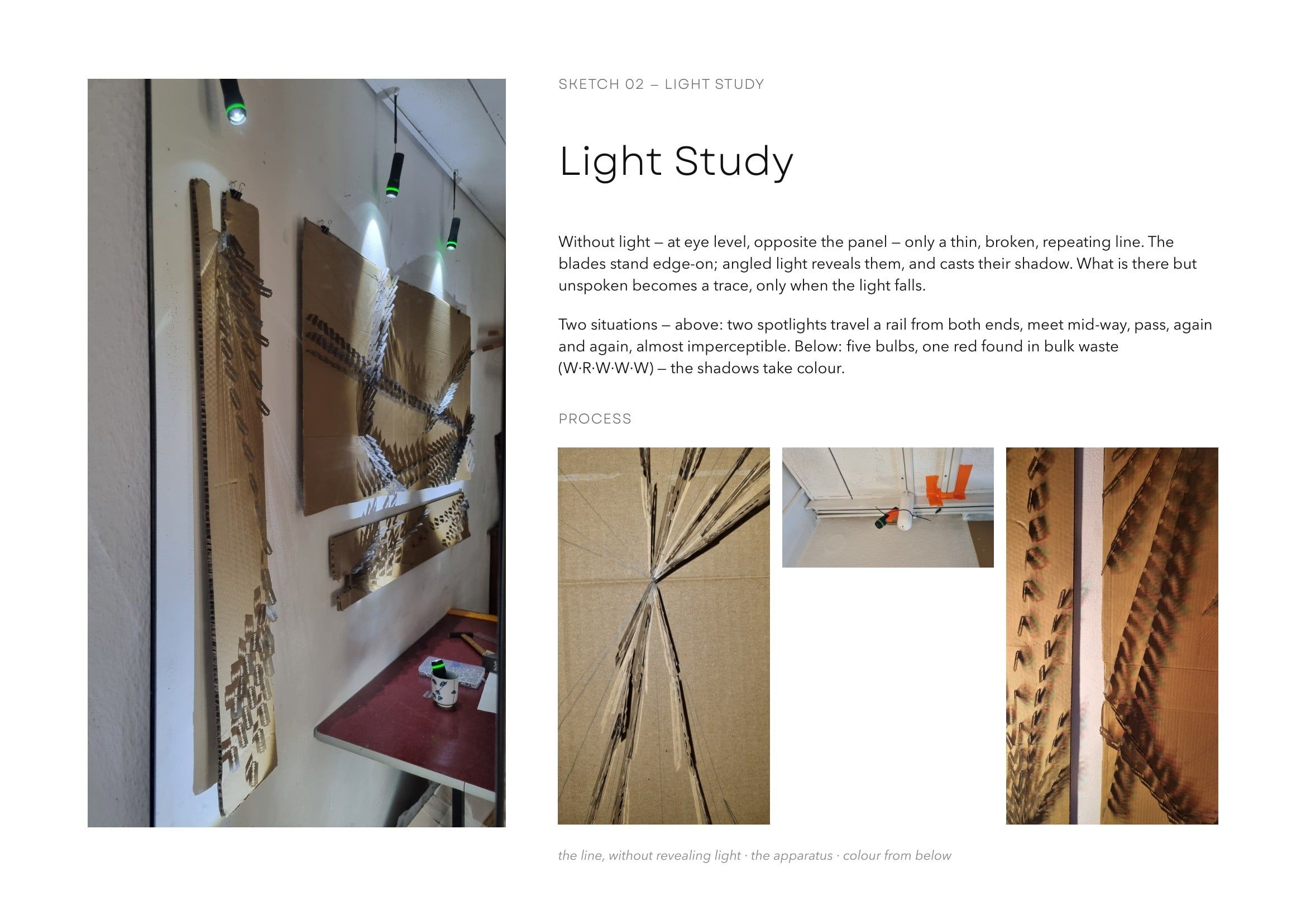 Booklet page Light Study: a tall photograph of cardboard panels on a wall under small spotlights, beside her text, and below it three process photographs of lines and shadows on cardboard.