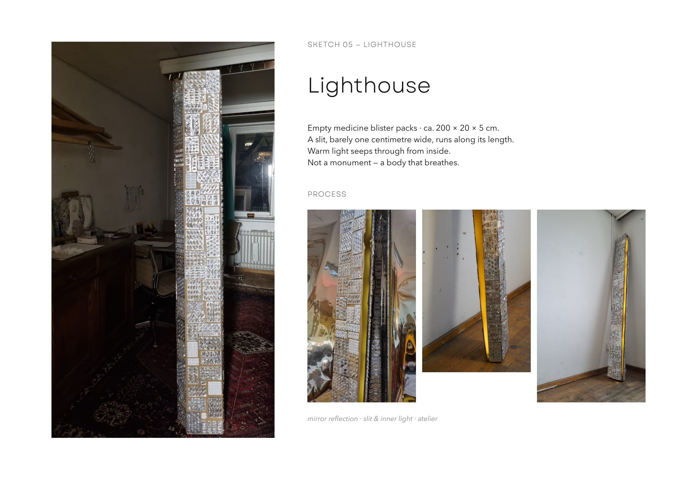 Booklet page Lighthouse: a tall photograph of a narrow column covered in empty blister packs, standing in the atelier, her text, and three process photographs of its slit and inner light.