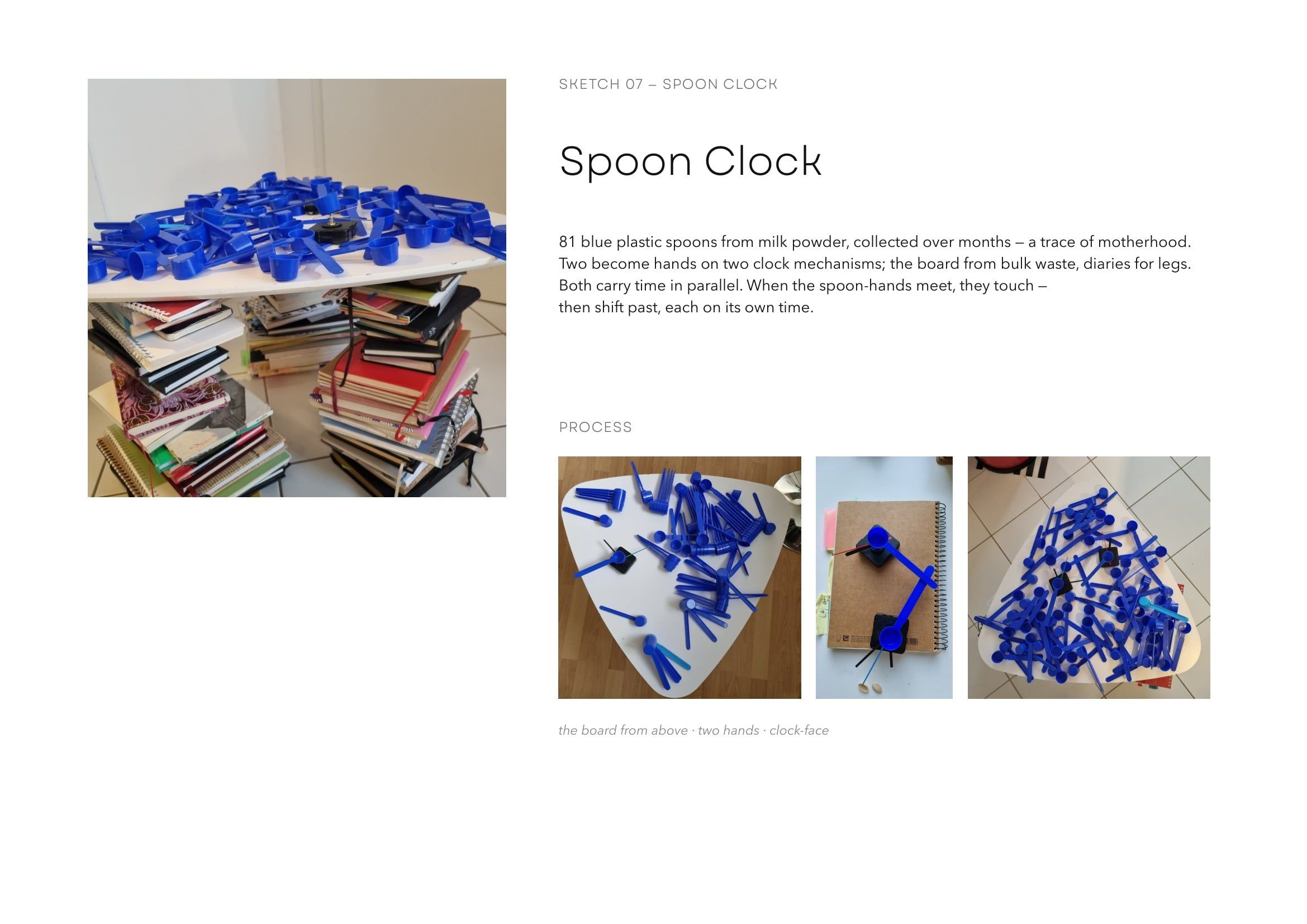 Booklet page Spoon Clock: a photograph of blue plastic spoons heaped on a white board above a stack of notebooks, beside her text, and below it three process photographs of the board and its two clock hands.